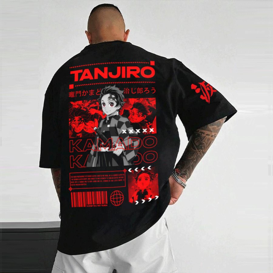 

Unisex Anime Vintage Print Oversize Black T-shirt