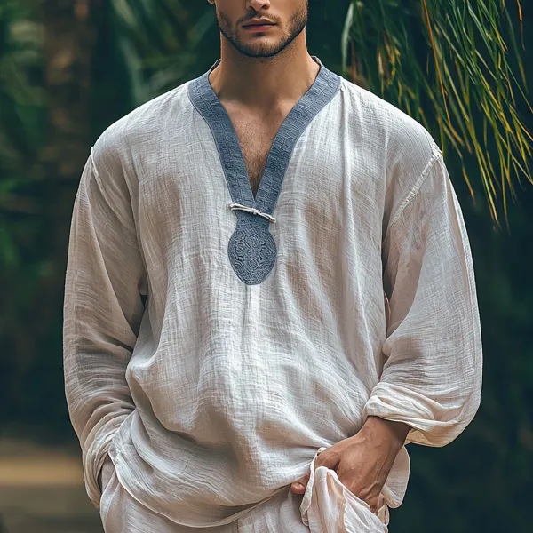 Men's Holiday Ethnic Lightweight Casual Long Sleeve Linen Shirt - Wayrates.com 