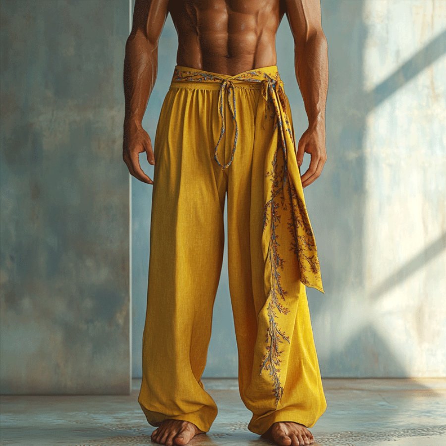 

Men's Embroidered Vintage Loose Linen Palace Yellow Pants