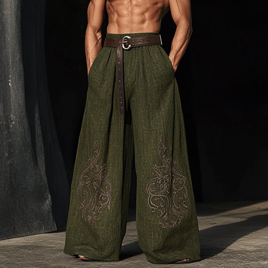 

Men's Vintage Embroidered Loose Linen Palace Pants