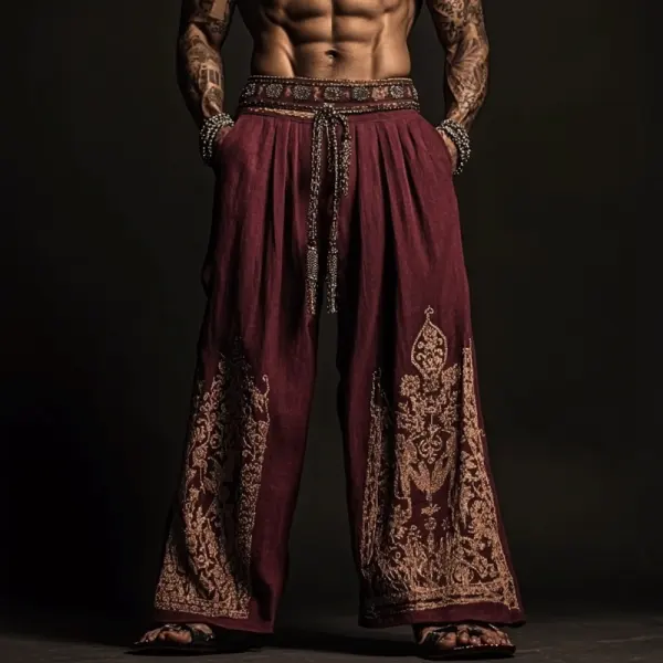 Men's Embroidered Vintage Loose Linen Wine Red Palace Pants - Cotosen.com 