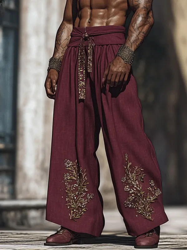 Men's Embroidered Vintage Loose Linen Wine Red Palace Pants Only $42.99 - Menbarn.com 