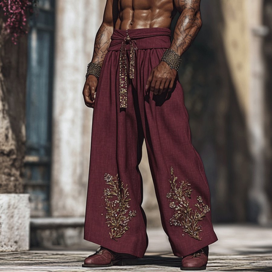 

Men's Embroidered Vintage Loose Linen Wine Red Palace Pants