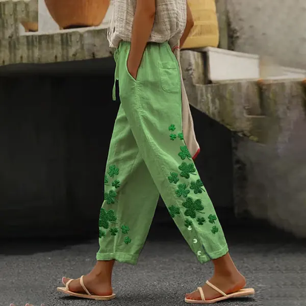 Women's St. Patrick's Day Lace Up Loose Embroidery Casual Pants - Wayrates.com 