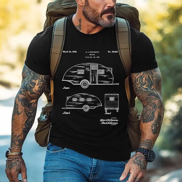 Men's Vintage Camping 1935 Teardrop Camper Patent Print Outdoor Short Sleeve T-shirt - Wayrates.com 