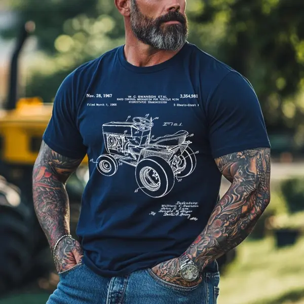 Men's Vintage Lawn Tractor Patent Print Outdoor Short Sleeve T-shirt - Wayrates.com 