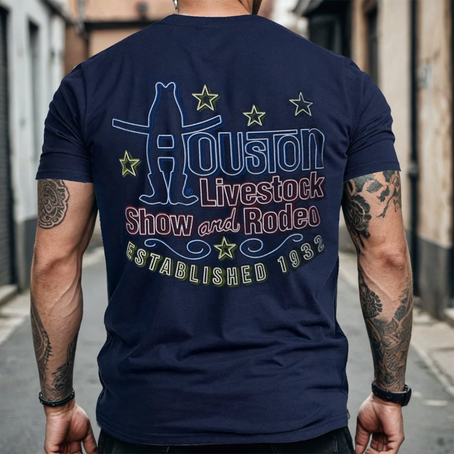 

Men's Vintage Houston Livestock Show And Rodeo Print Purplish Blue Daily Short Sleeve Crew Neck T-Shirt