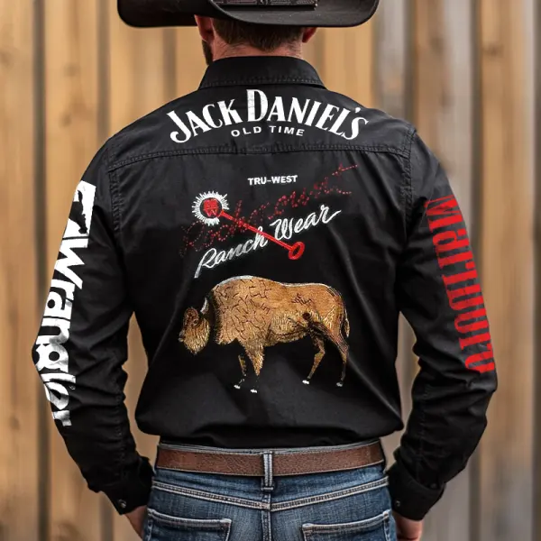 Men's Vintage PBR Western Cowboy Whiskey Eagle Long Sleeve Rodeo Shirts - Ootdyouth.com 