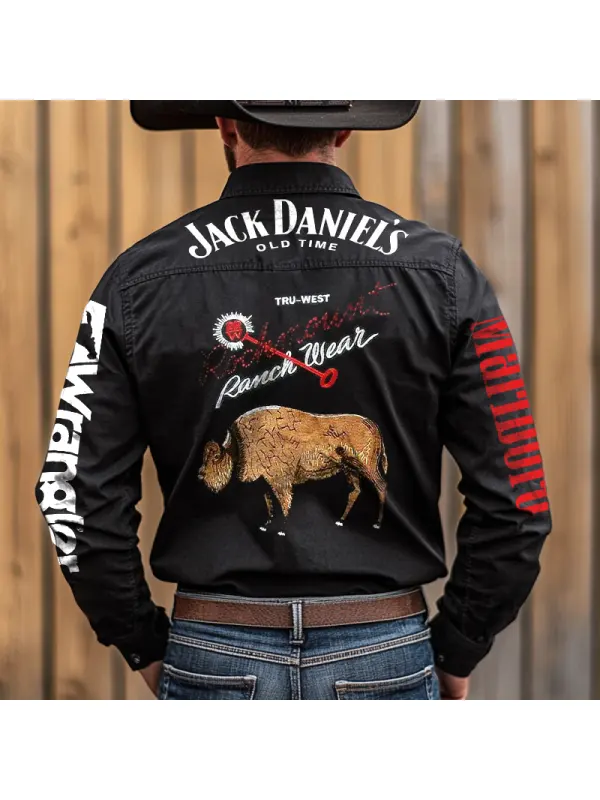 Men's Vintage PBR Western Cowboy Whiskey Eagle Long Sleeve Rodeo Shirts - Shopyiyistories.com 