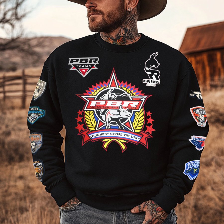 

Men's Vintage American Western Style Cowboy PBR Teams Print Daily Oversized Crew Neck Black Sweatshirt