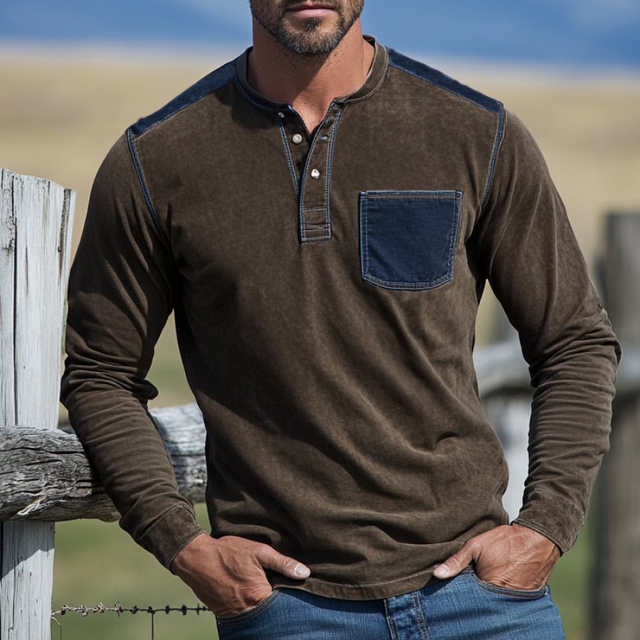 

Men's Retro Outdoor-Inspired Henley Long Sleeve T Shirt With Contrast Details