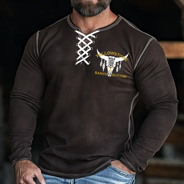 Men'd Retro Yellowstone Ranch Dutton Print Lace-Up Neck Long Sleeve T Shirt - Wayrates.com 
