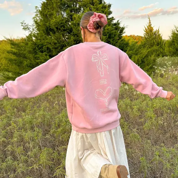 Women's Vintage No Greater Love Bow Print Pink Crewneck Sweatshirt - Wayrates.com 