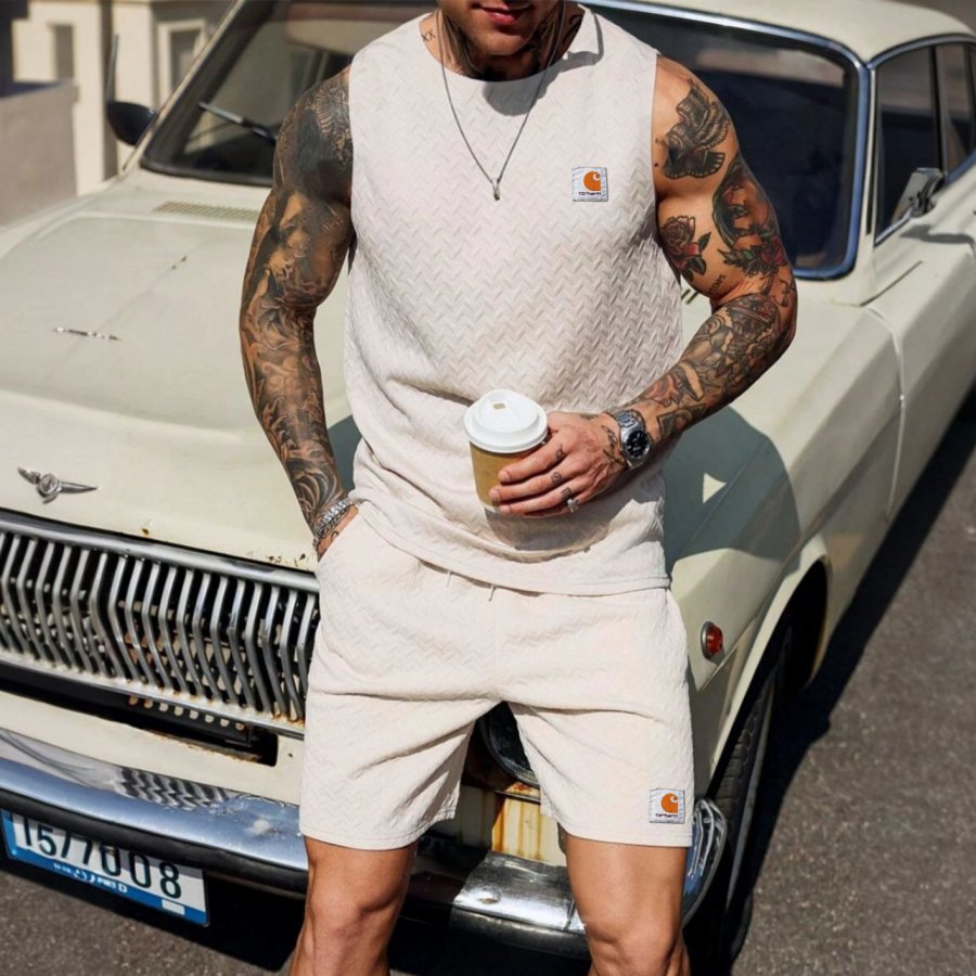 

Men's Beige Herringbone Patterned Sleeveless Tracksuit Set - Perfect For Summer Surf Outdoors