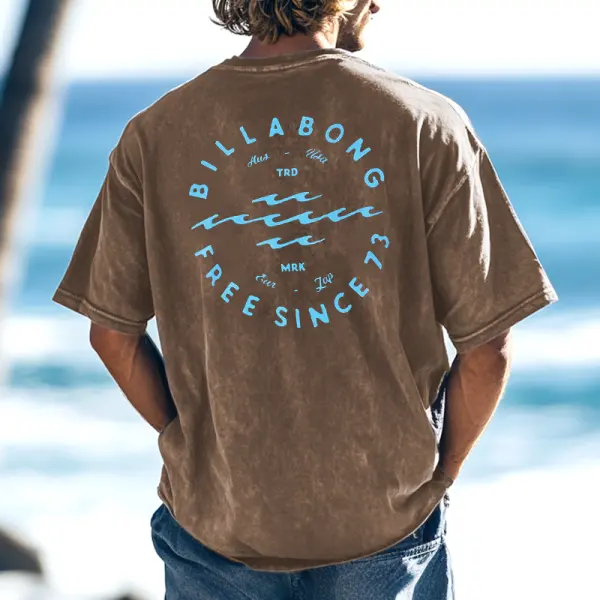 Unisex Wash Vintage 90'S Retro Surf Graphic Print Surf Khaki T-Shirt - Yesunshine.com 