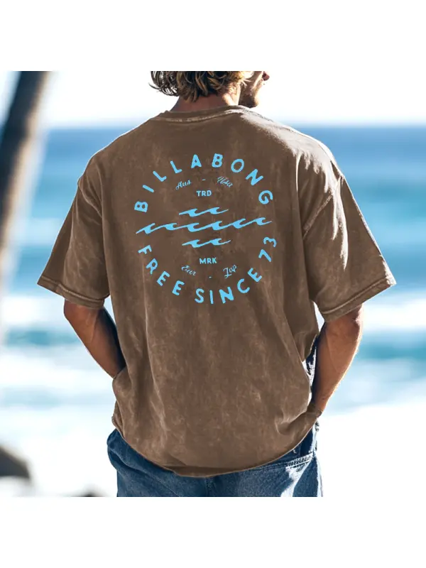 Unisex Wash Vintage 90'S Retro Surf Graphic Print Surf Khaki T-Shirt - Aptkoi.com 