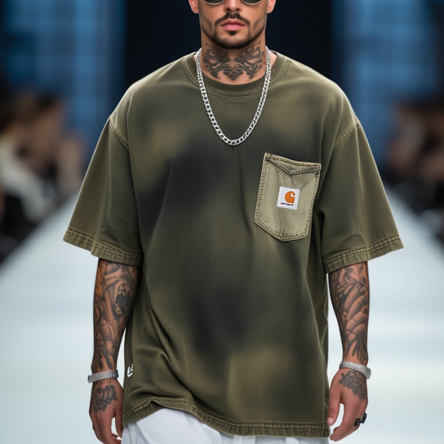 

Men's Vintage Distressed Color Block Pocket Oversized Crew Neck T-shirt Military Green