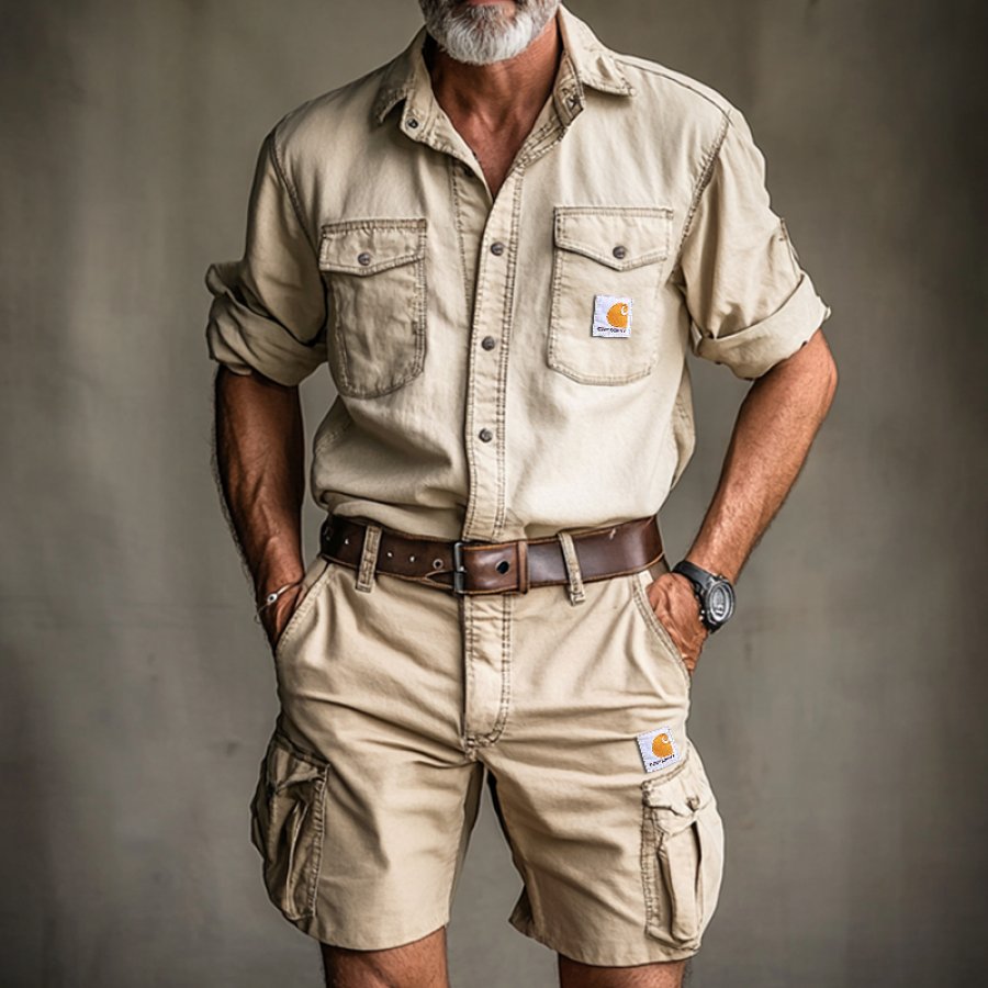 

Men's Outdoor Work Vintage Khaki Long-Sleeve Work Shirt And Cargo Shorts Set