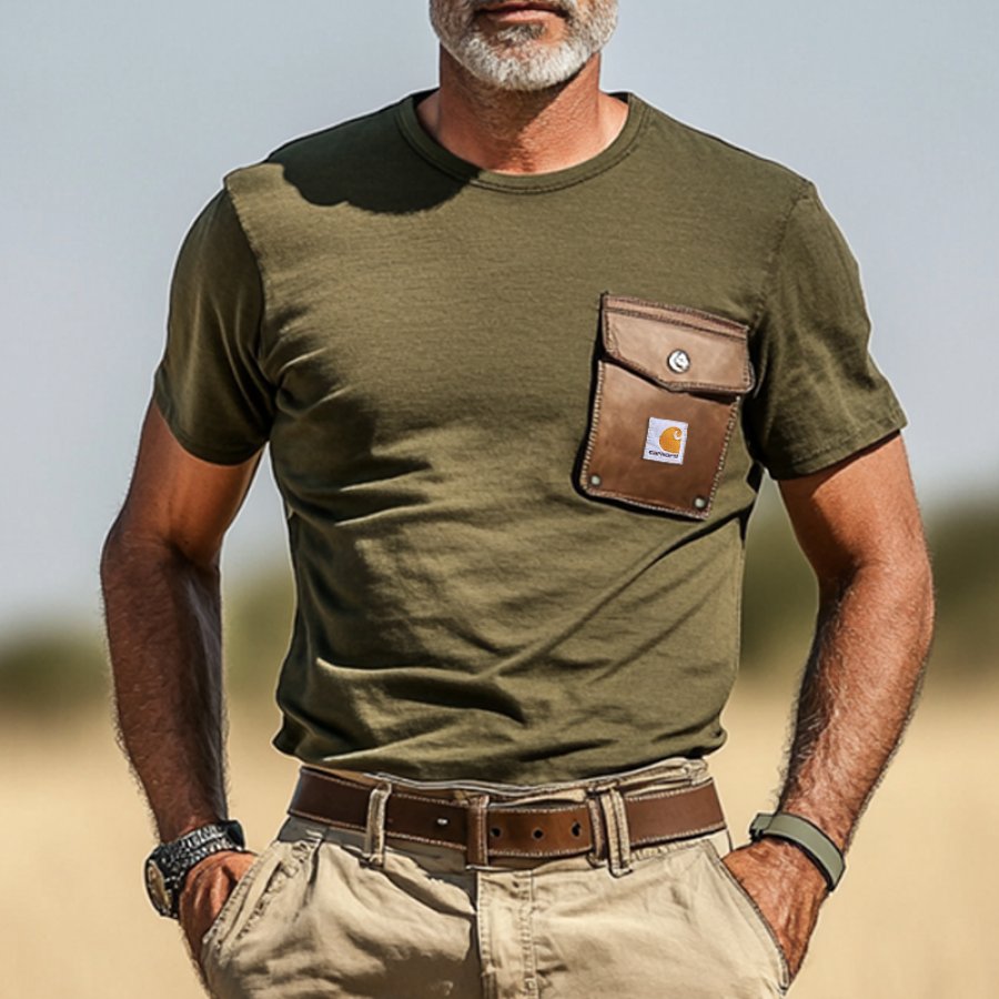 

Men's Outdoor Work Training Olive Green T-shirt With Leather Pocket