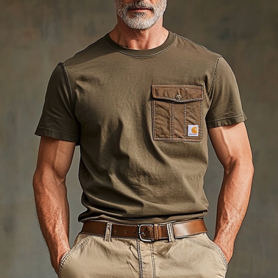 

Men's Outdoor Work Training Brown T-shirt With Leather Pocket