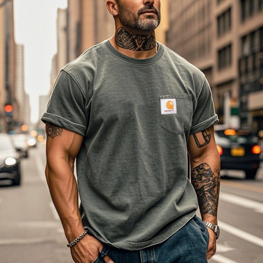 

Men's Vintage Cotton Distressed Chest Pocket Crew Neck T-Shirt