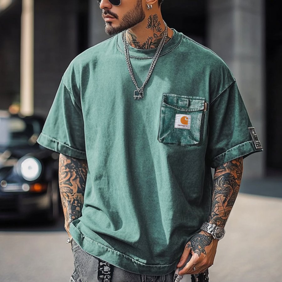

Men's Vintage Fabric Knit Green Loose T-Shirt - Perfect For Summer Outdoors