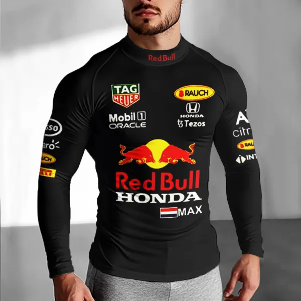 Men's Oracle Red Bull Racing Print Slim Fit Compression Long Sleeve Black T-Shirt - Cotosen.com 