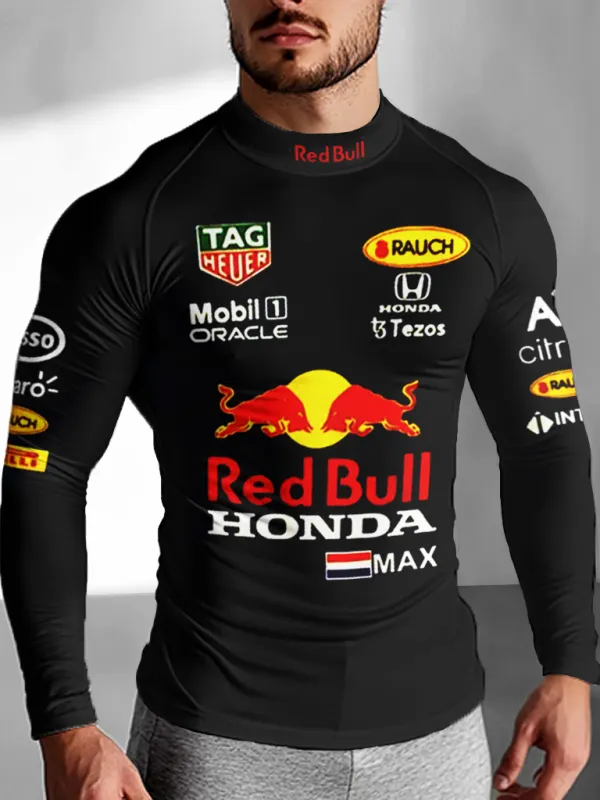 Men's Oracle Red Bull Racing Print Slim Fit Compression Long Sleeve Black T-Shirt - Menbarn.com 