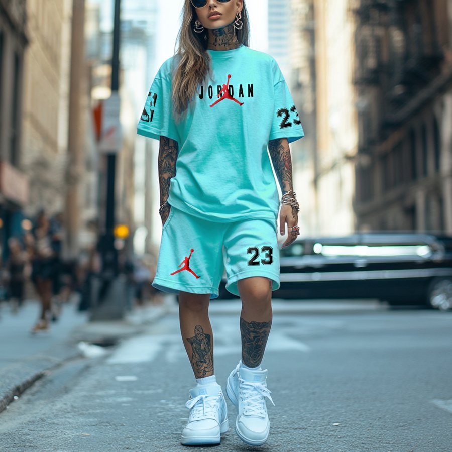 

Women's Basketball Print Streetwear Sky-blue Sport Tank Top And Sky-blue Shorts Set