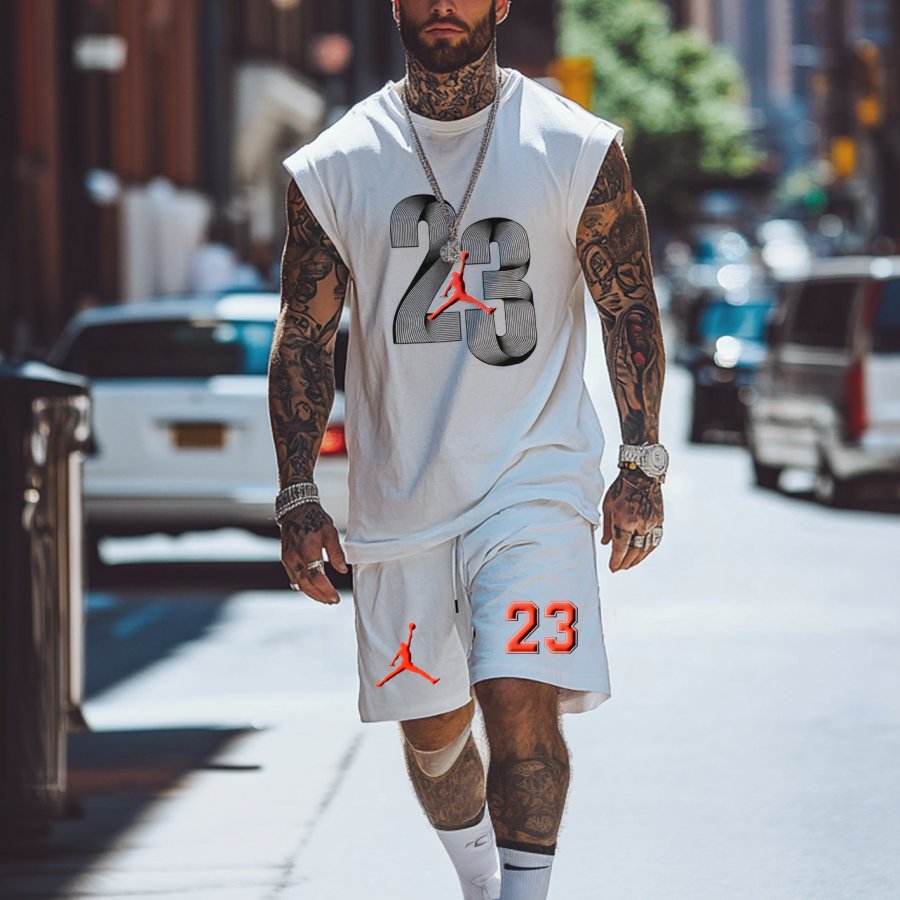 

Unisex Basketball Foamed Print Oversized Streetwear White Short-Sleeved Tank And Shorts Set