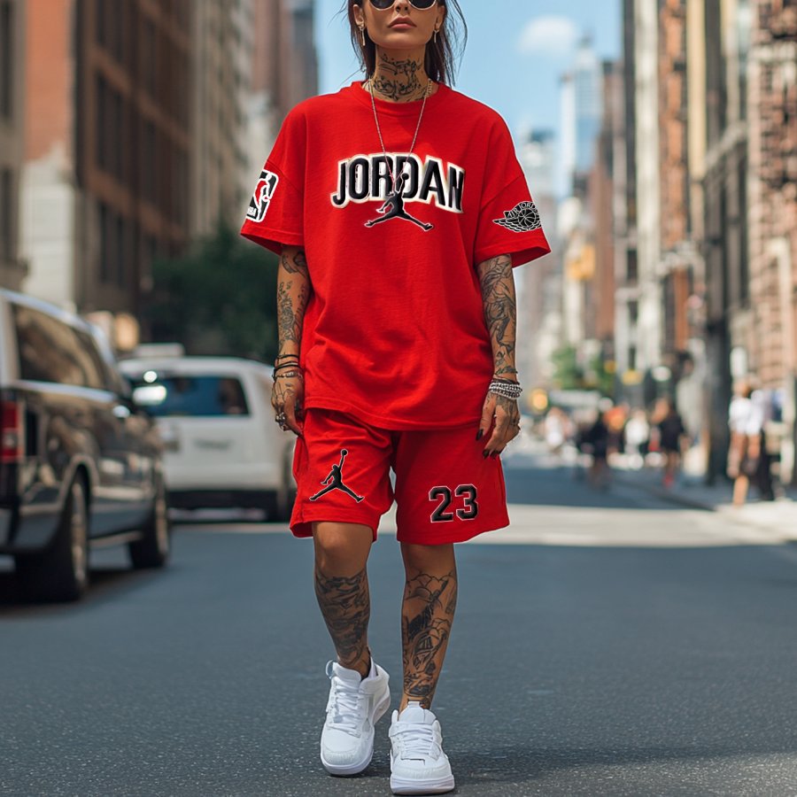 

Women's Basketball Foamed Print Streetwear Red Sport Tank Top And Red Shorts Set