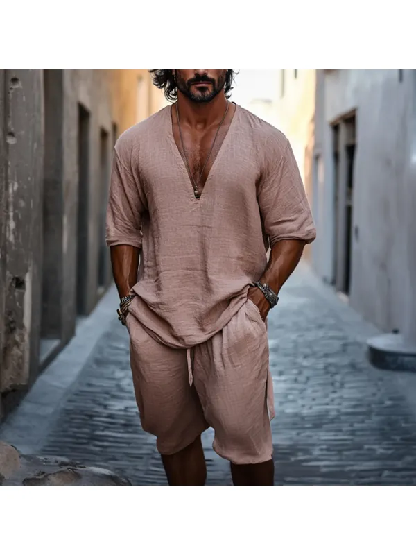 Men's Linen V-neck Comfortable Solid Color Short Sleeve & Shorts Set - Aptkoi.com 