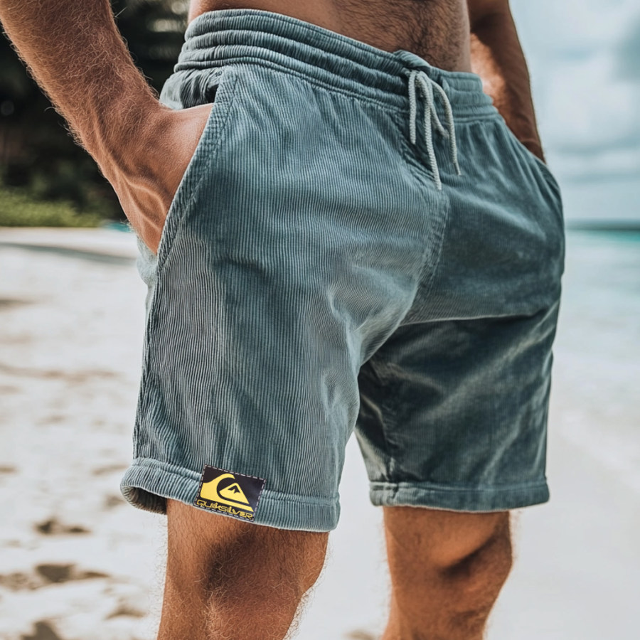 

Surf Unisex Holiday Style Beach Corduroy Drawstring Button Casual Shorts