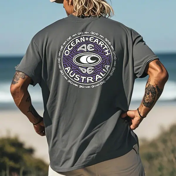 Men's Ocean Surf Print Dark Gray Crew Neck Short Sleeve T-Shirt - Menzfolk.com 