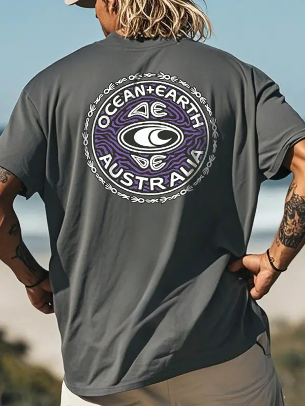 Men's Ocean Surf Print Dark Gray Crew Neck Short Sleeve T-Shirt - Menbarn.com 