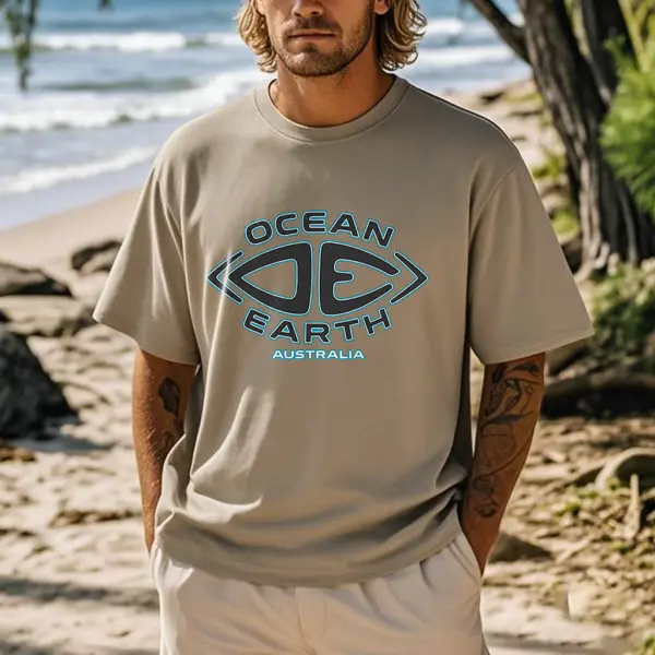 Men's Ocean Australia Surf Print Khaki Crew Neck Short Sleeve T-Shirt - Menzfolk.com 