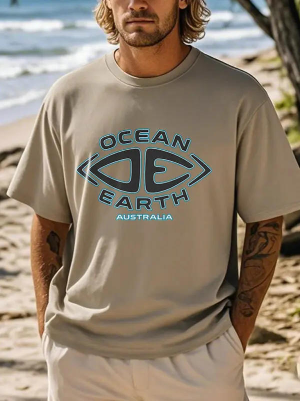 Men's Ocean Australia Surf Print Khaki Crew Neck Short Sleeve T-Shirt - Pragmaace.com 
