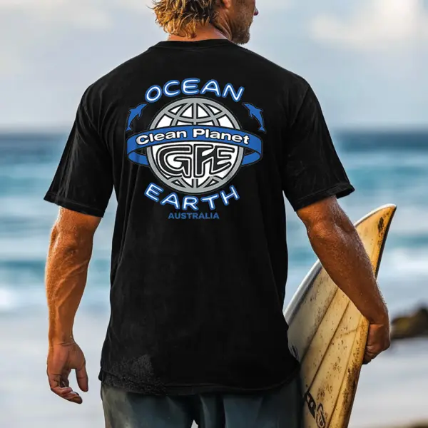 Men's Ocean Australia Surf Print Black Crew Neck Short Sleeve T-Shirt - Dozenlive.com 