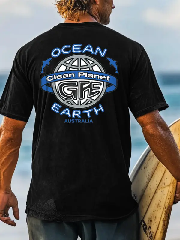 Men's Ocean Australia Surf Print Black Crew Neck Short Sleeve T-Shirt - Menbarn.com 
