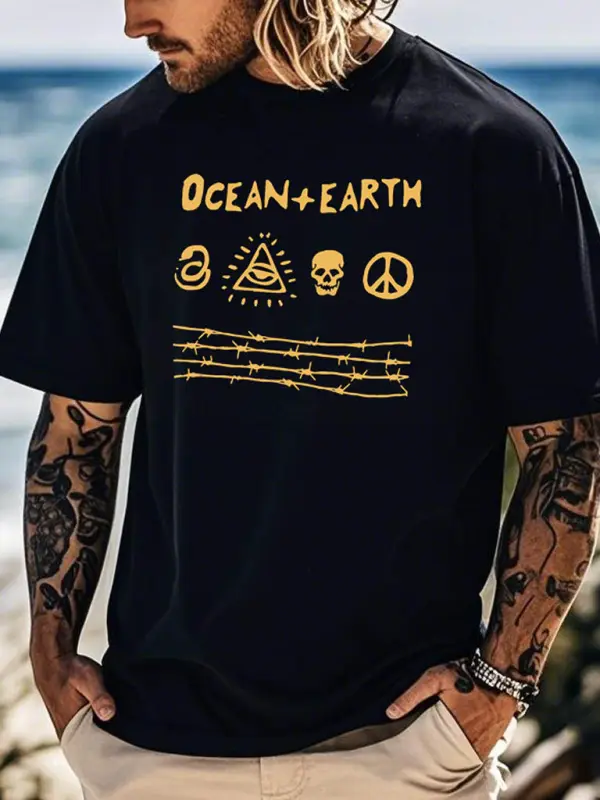 Men's Ocean Surf Print Crew Neck Short Sleeve T-Shirt - Pragmaace.com 