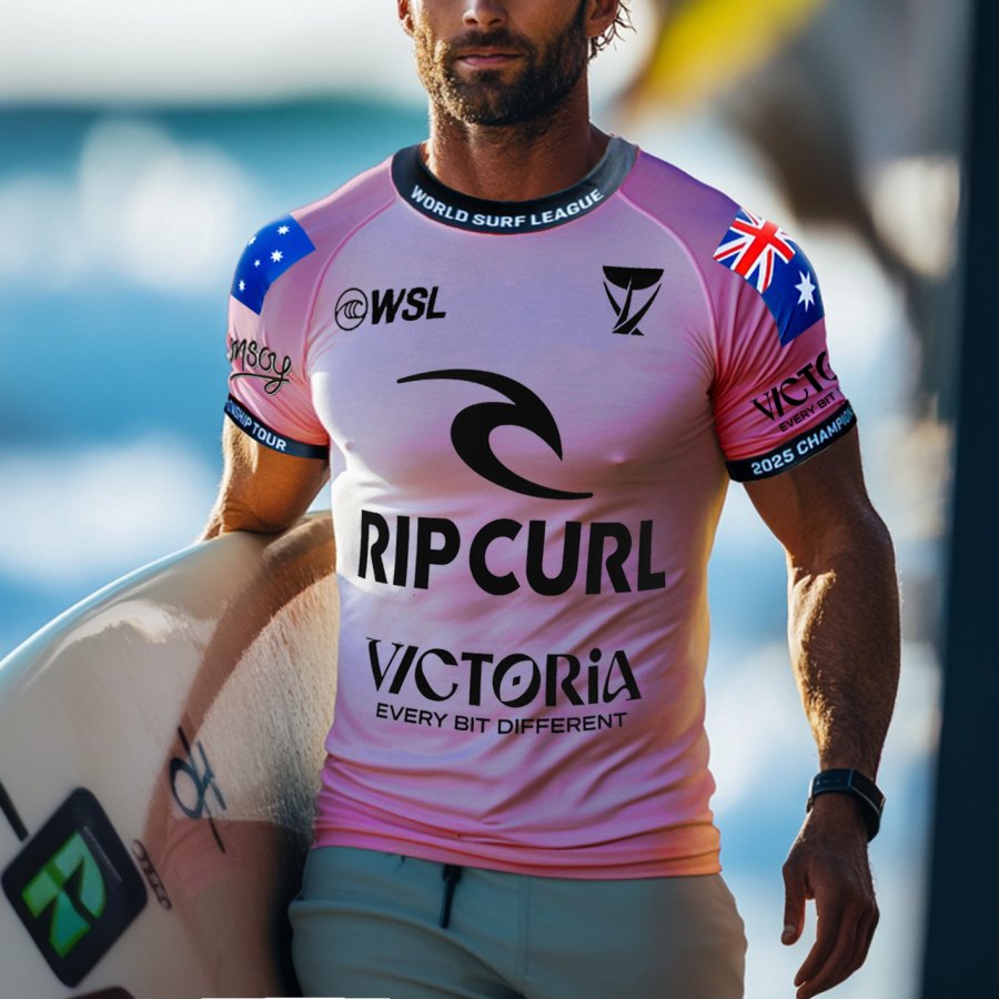 

Men's Casual Pro Bells Beach Jersey Print Surf T-shirt Pink