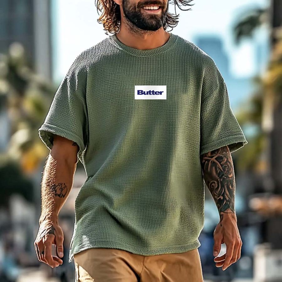 

Men's Vintage Waffle Knit Streetwear Skateboard Short Sleeve Crew Neck T-Shirt