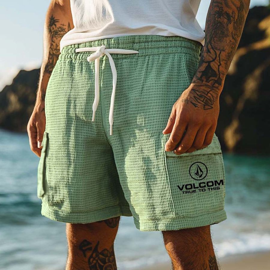 

Men's Vintage Surf Waffle Knit True To This Multi-Pocket Elastic Drawstring Cargo Shorts