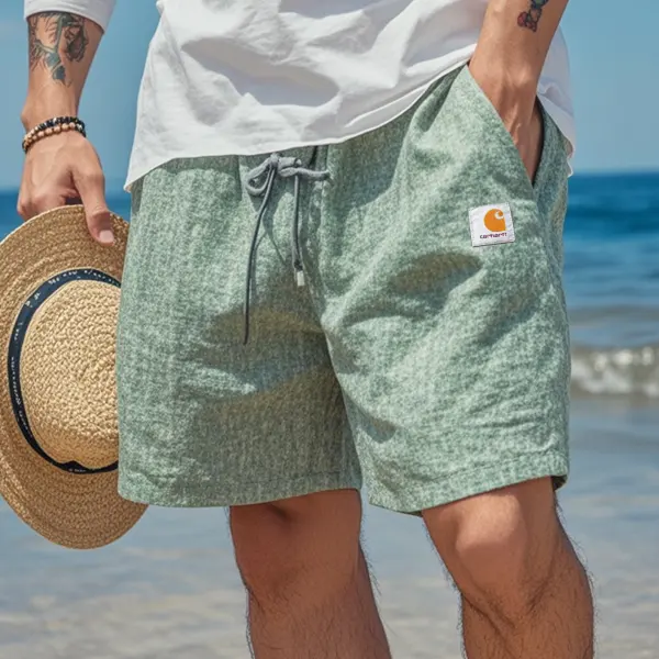 Men's Vintage Green Cotton And Linen Fabric Surf Elastic Drawstring Shorts - Spiretime.com 