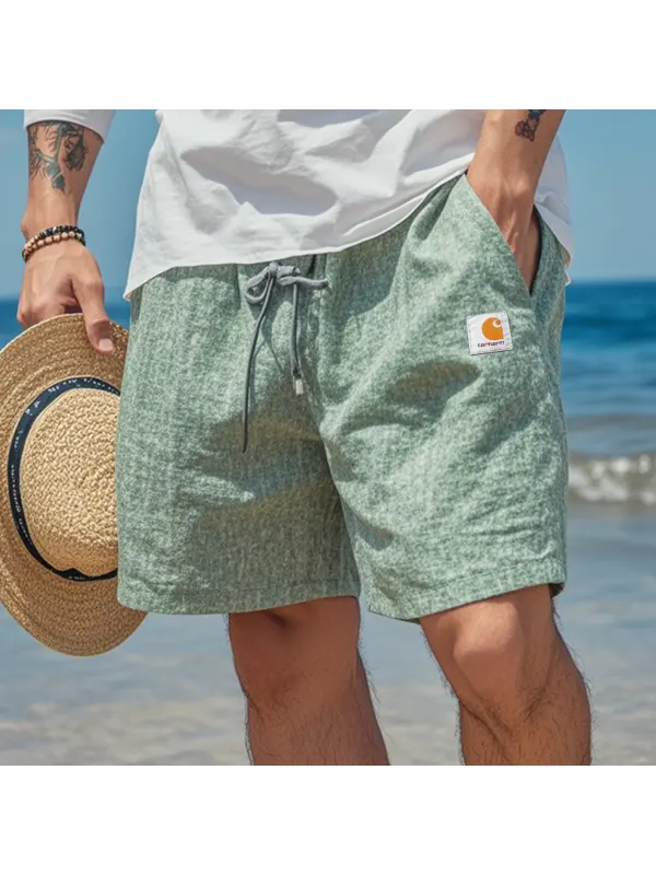 Men's Vintage Green Cotton And Linen Fabric Surf Elastic Drawstring Shorts - Ootdmw.com 