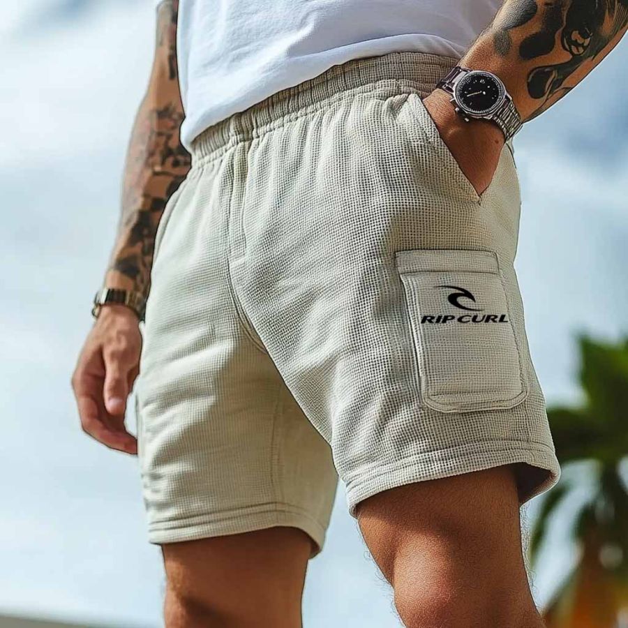 

Men's Vintage Waffle Knit Surf Pocket Elastic Drawstring Walkshort Beige Shorts