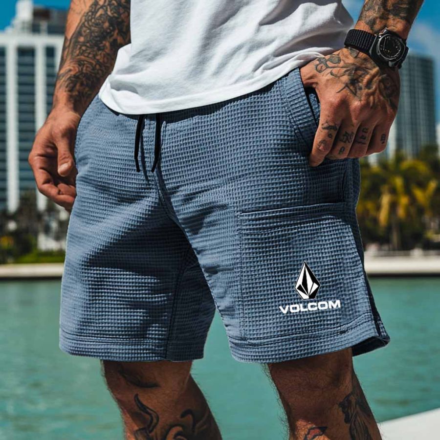 

Men's Vintage Waffle Knit Surf Patch Pocket Elastic Drawstring Shorts