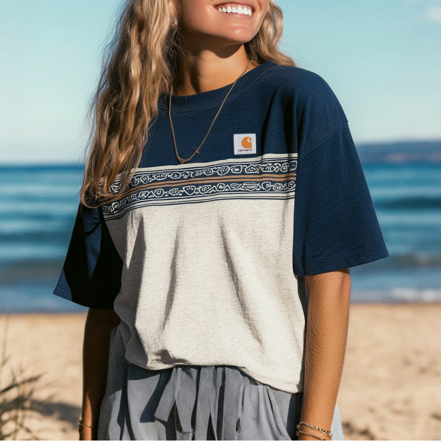 

Carhartt Retro Beach Casual Striped Pattern Color Block T-Shirt