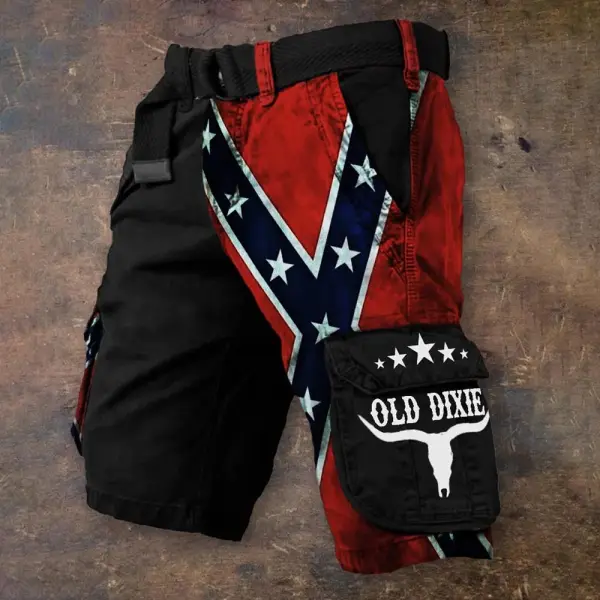 Men's Old Dixie Bull Skull Rebel Flag Independence Day Contrast Cargo Shorts - Cotosen.chimpone.com 