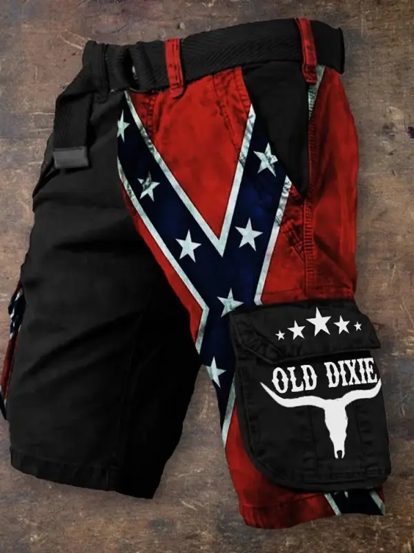 Men's Old Dixie Bull Skull Rebel Flag Independence Day Contrast Cargo Shorts - Menwyx.com 